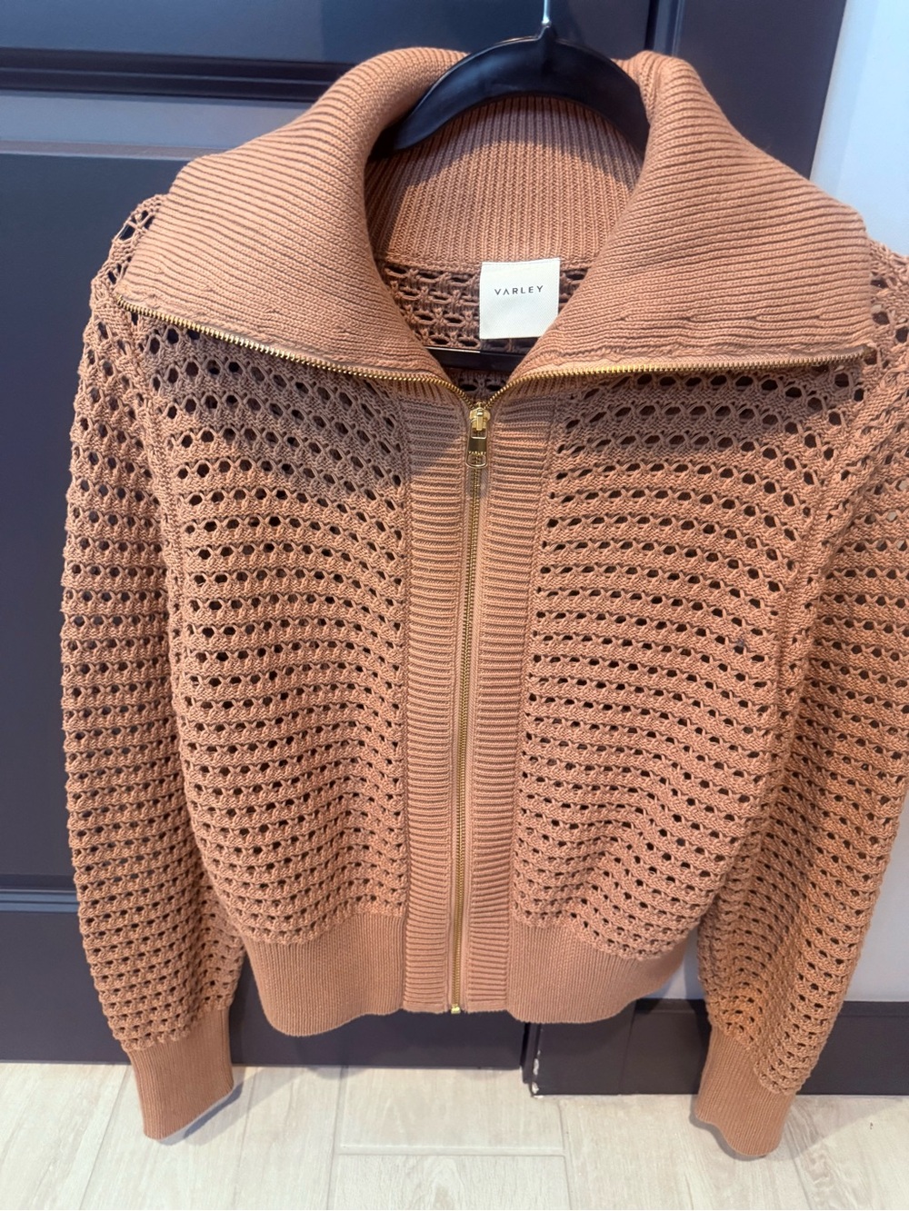 Varley Open-Knit Zip Cardigan in Camel/Tan